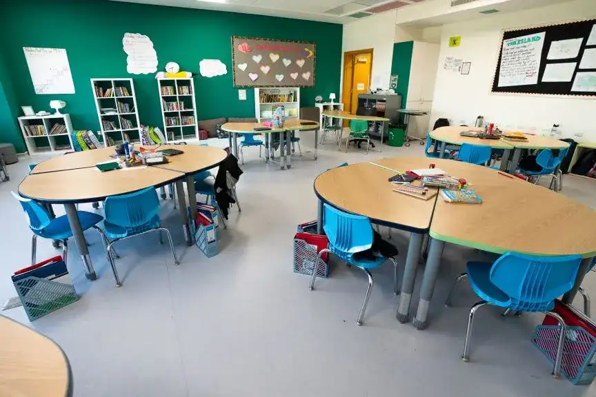 Classroom with round tables arranged for group work